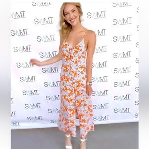 Sienna Sky Midi lined floral summer dress button front Women’s Sz S blue, orange